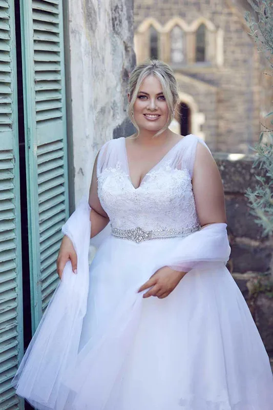 Роскошное белое свадебное платье размера плюс с v-образным вырезом, кружевное Тюлевое платье трапециевидной формы длиной до пола, Свадебные платья нестандартного размера