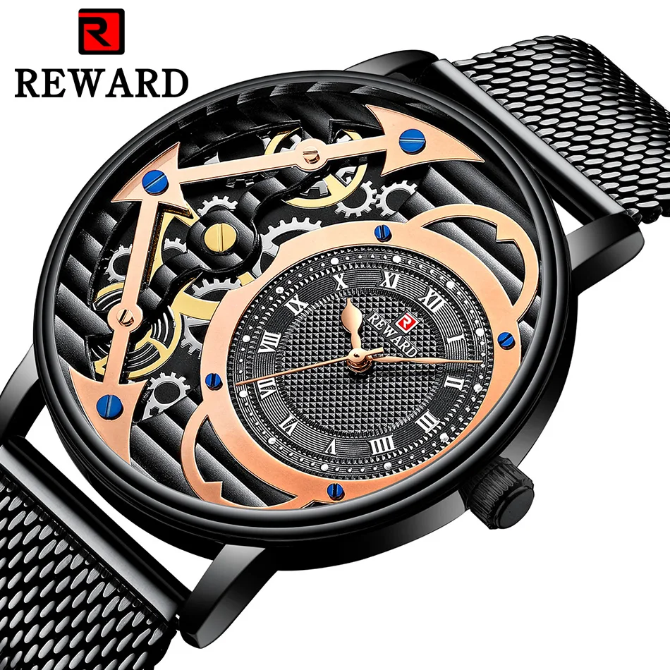 

Reward Watch Men Unique Mechanical Decoration Quartz Watch Creative Waterproof Sport Steel Strap Men Watches Dropshipping