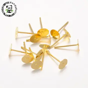 

100pcs Iron Post Ear Stud Findings Flat Round Blank 6mm Tray Base Pad for Jewelry Making DIY Golden 11mm long Pin 0.8mm thick
