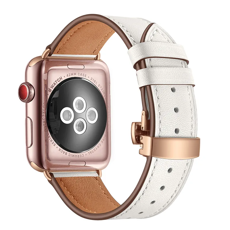 Кожаный ремешок с застежкой-бабочкой из розового золота для Apple Watch 38 мм 42 мм для iWatch Модные Ремешки для наручных часов