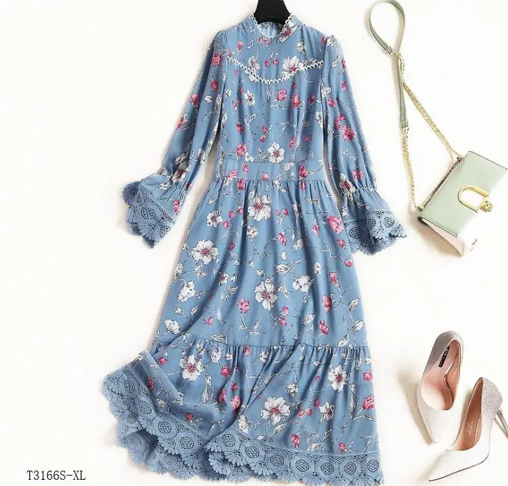 

European style 2019 New arrivals summer Spring fashion women clothes printing patchwork lace vintage chiffon dress T3166