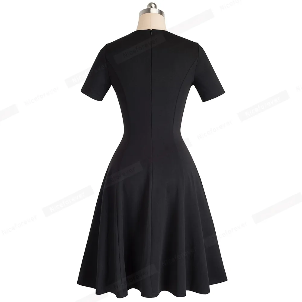 لطيفة-للأبد خمر أنيقة جولة الرقبة باختصار لون نقي vestidos ألف خط Pinup الأعمال حزب النساء مضيئة الأسود اللباس A110