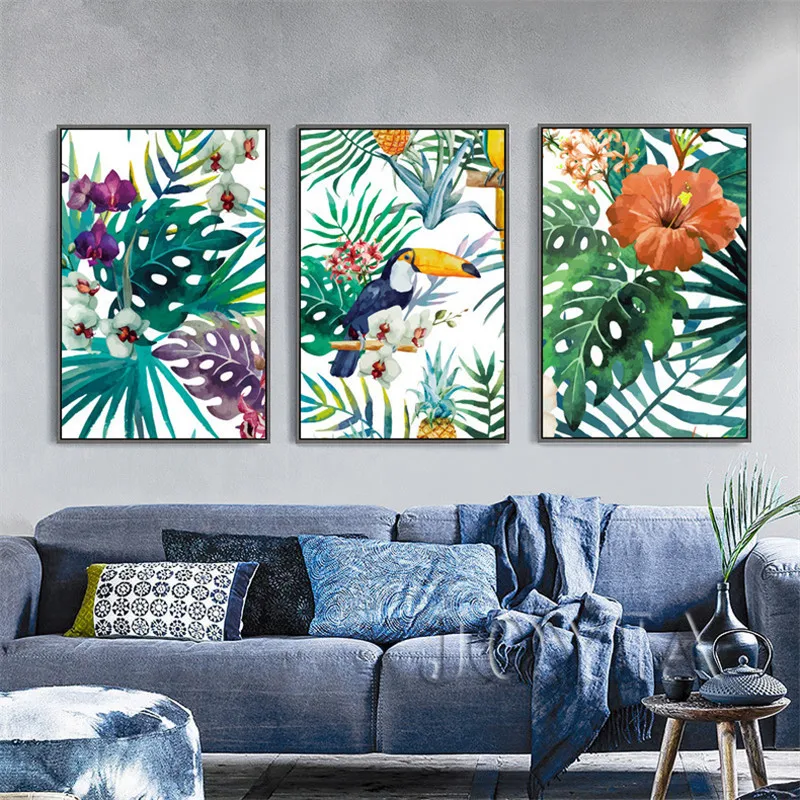Watercolor-Canvas-Wall-Art-Rainforest-Plants-Bird-Painting-Tropical-Leaves-Wall-Pictures-Home-Decoration-No-Frame