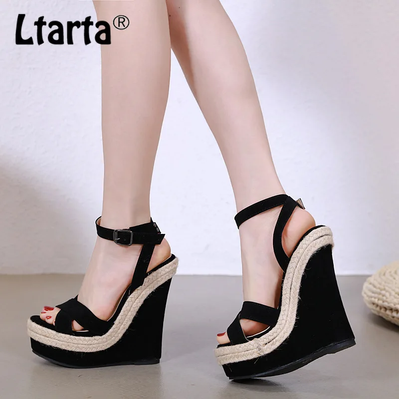 

LTARTA 14cm Heels Platform Wedge Sandals Street Shooting Catwalk Models Hemp Rope Comfortable Wedge Sandals Have 40 DF-A60-23