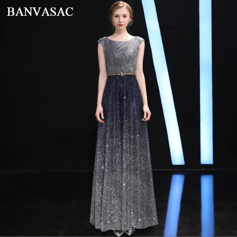 

BANVASAC 2018 O Neck Gradient Sequined A Line Long Evening Dresses Elegant Lace Party Crystal Sash Backless Prom Gowns