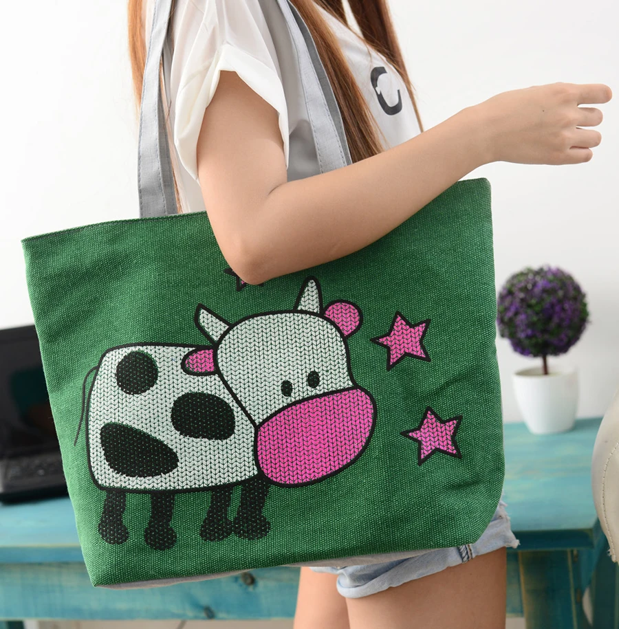 

Canvas Large Capacity Women Shoulder Bags Simple Style Dairy Cow Cartoon Pattern Women Shopping Bags