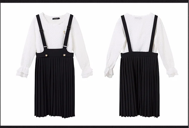 New2018spring Модные женские милое платье установить ремень плиссированное платье + белые кружевные топы женские повседневные Vestido Twinset Большие