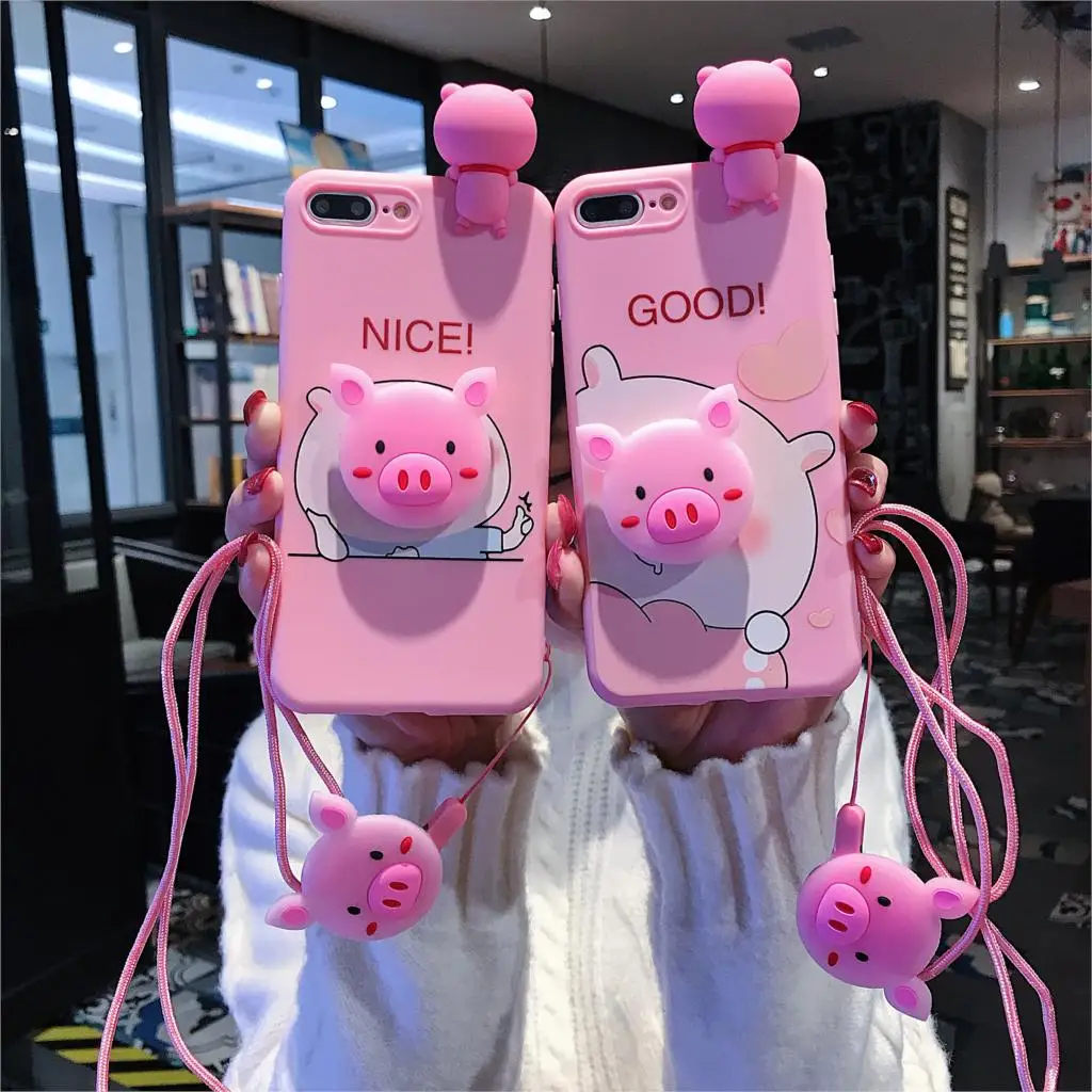 

For iPhone Xs Max Xs XR 6 7 8Plus Case Pig TPU Case Pig Nose Soft Phone Strap Rope Case