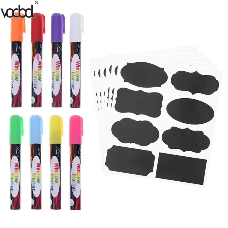 

8Pcs Erasable Highlighter Pen Set With 24Pcs Blackboard Sticker Liquid Chalk Marker Fluorescent LED Writing Board Window Pen