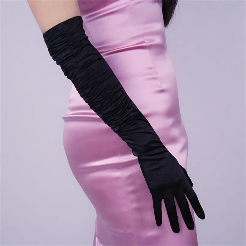 Satin Silk Gloves Pleated Elastic Silk Pearlescent Satin Red Long Elbow Female Vestido De Novia Woman's Gloves 38cm 50cm TB110