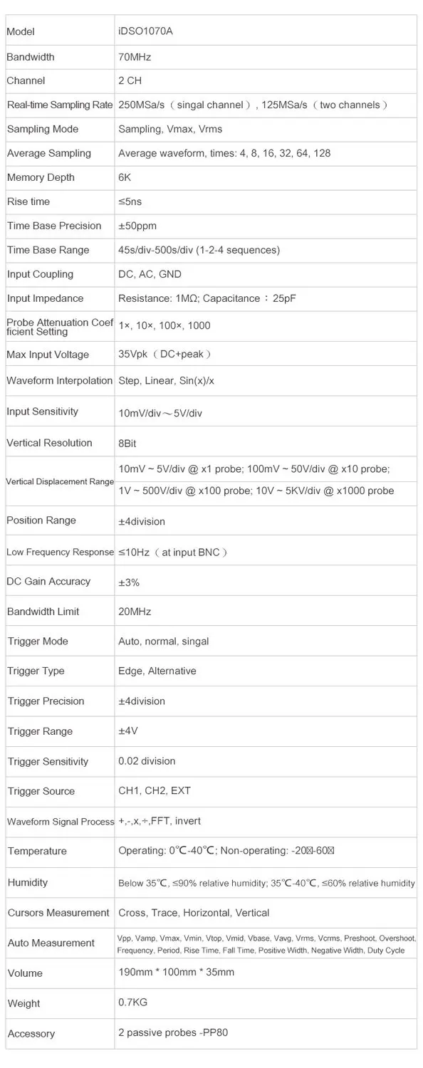 Hantek iDSO1070A цифровой осциллограф 2CH 70 МГц Поддержка полосы пропускания iPhone/iPad/Android/осциллограф для Windows wifi связь