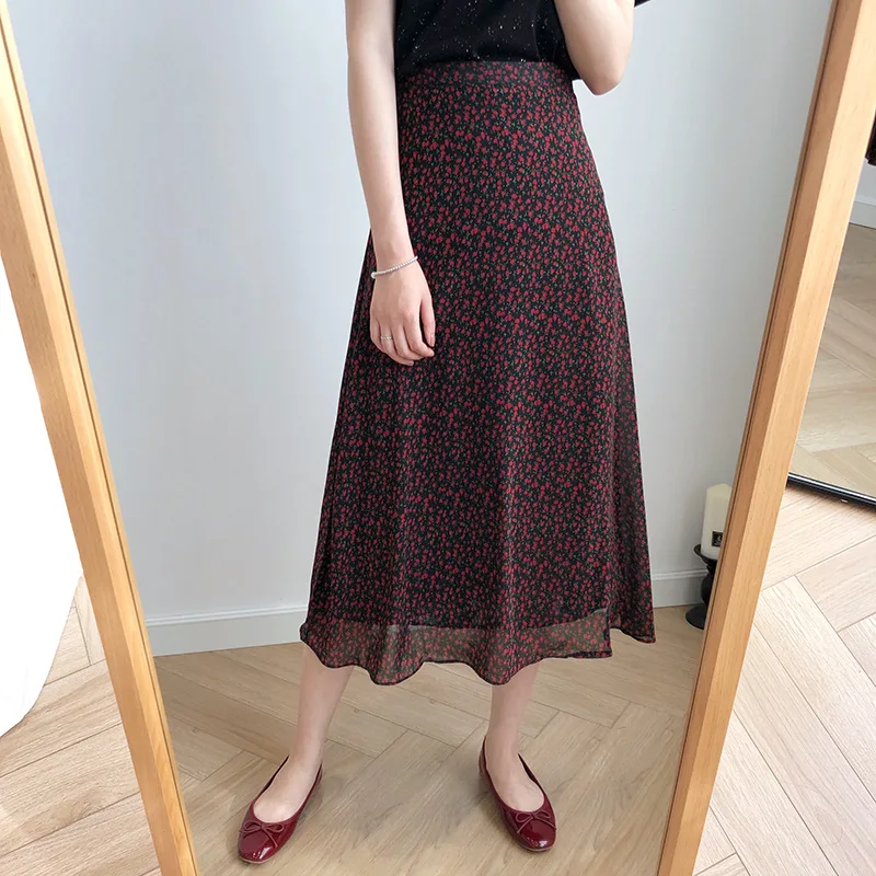 U-SWEAR, летняя шифоновая юбка с цветочным рисунком и оборками,, Женская Корейская трапециевидная миди-юбка с высокой талией, элегантная женская юбка-Русалка - Цвет: black