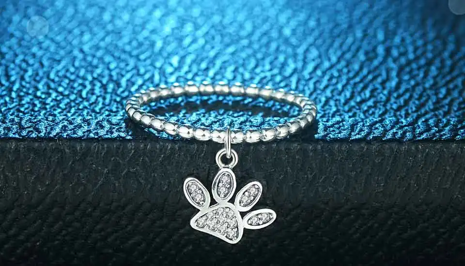 Silver Ring With Puppy Cat Paw Pendant Charm CZ Cute Rings for Women Jewelry Silver - PeticaDeals