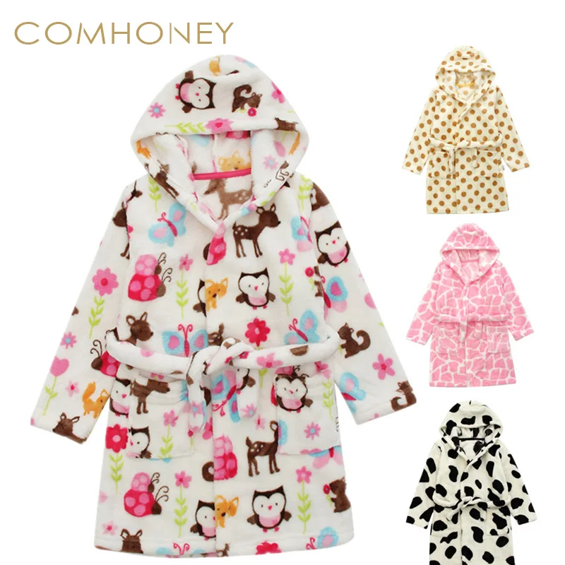 Children's Bathrobes Cartoon Print Baby Boys Girls Robe Hooded Flannel