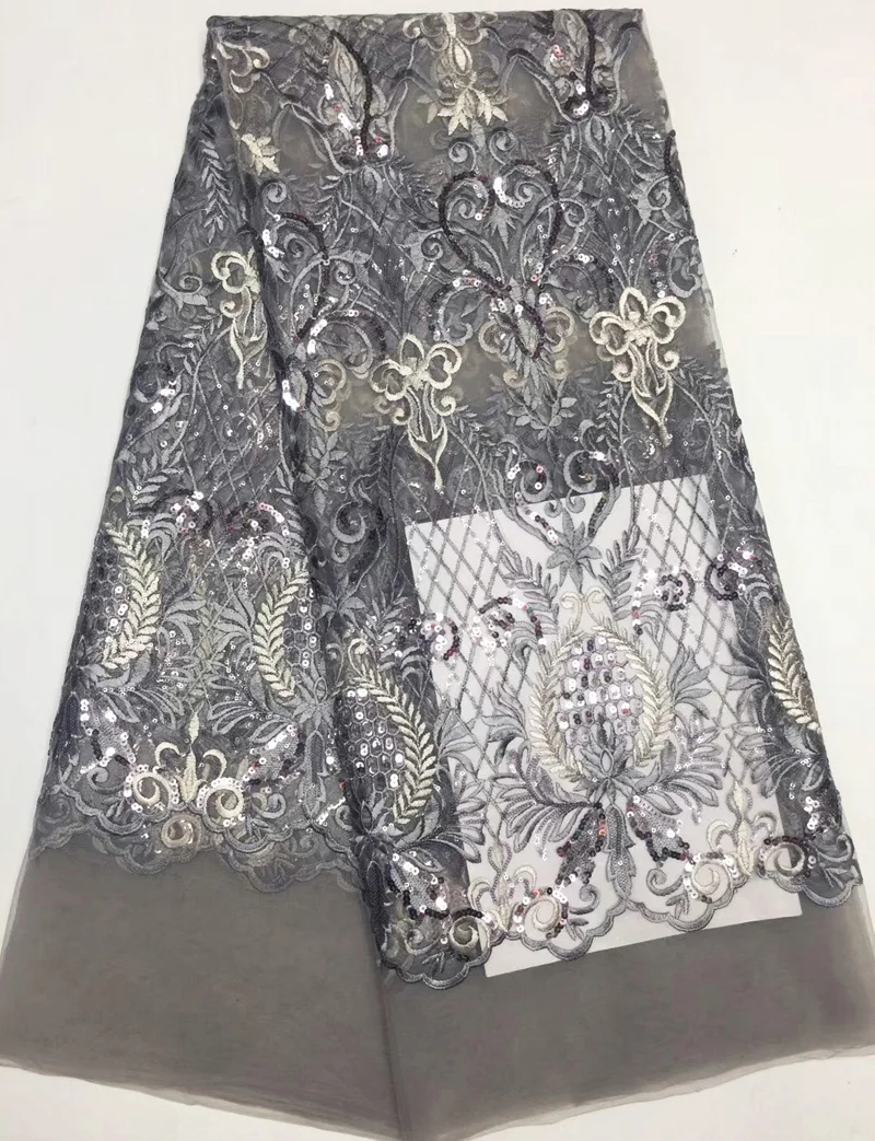 

(5yards/pc) silver grey African French net lace fabric with embroidery and lots of shining sequins for party dress FLC57