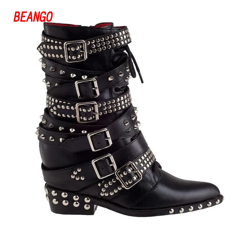 BEANGO 2017 Cool Punk Martin Women Boots Pinted Rivets Belt Buckle Mid calf Short Bota Chic