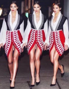 

Red and Black Color Celebrity Fashion Skirts Rayon HL Bandage Mini Skirts Button Sexy Pencil Skirts