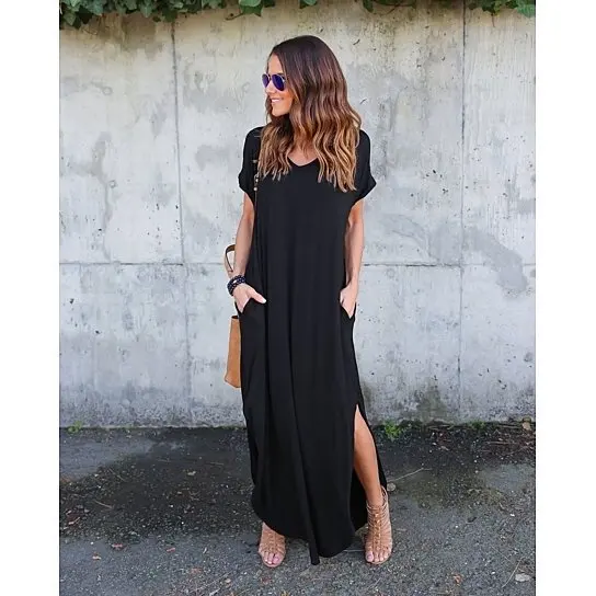 

2018 New Women Loose Casual V Neck Split Baggy Pocket Long Maxi Dress short sleeve Plus Size Beachwear Spaghetti Strap Sundress