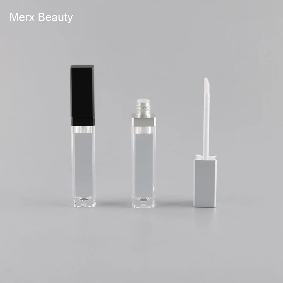 

5PCS 8ML LED Light Square Gloss Tube With Silver/ Black Lid, Empty Square Cosmetic Containers With Mirror, DIY Lip Gloss Tool