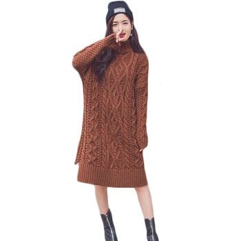 

Women Sweaters and Pullovers Long Back Short Front Turtleneck Twist Knitting Dress Ladies Autumn Winter Loose Warm Dress XH636
