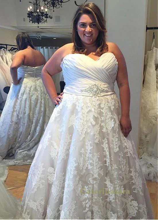 

Plus Size Bridal Wedding Gowns Classic Tulle & Satin Sweetheart Neckline A-Line Wedding Dresses With Lace Appliques