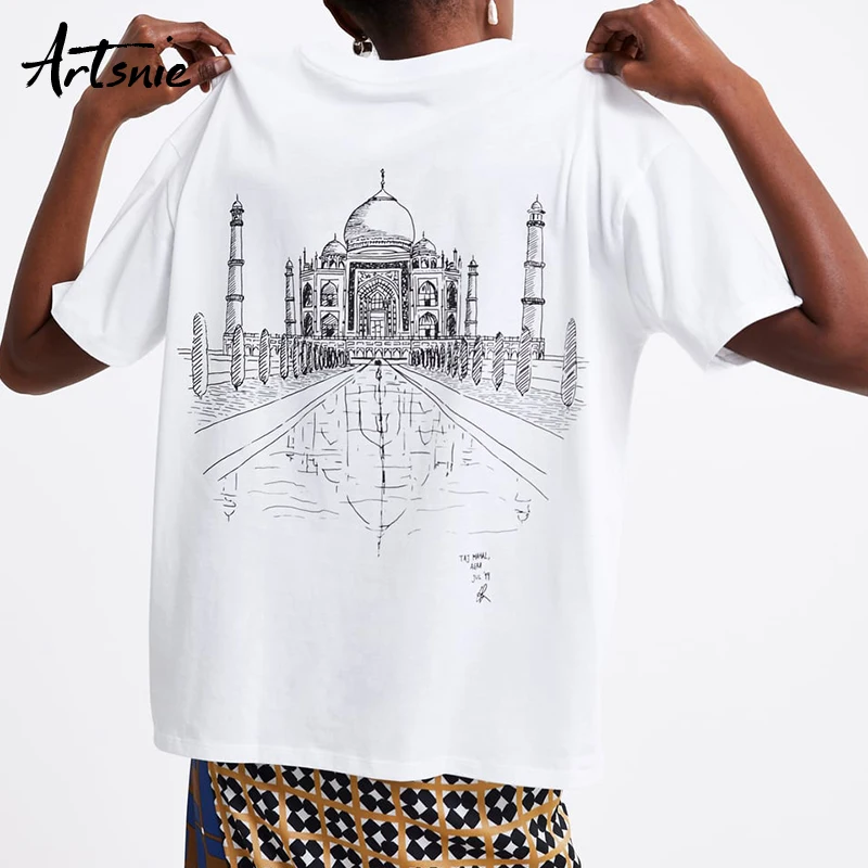 

Artsnie white casual geometric print women t shirt summer 2019 o neck short sleeve knitted tops female streetwear t-shirts mujer