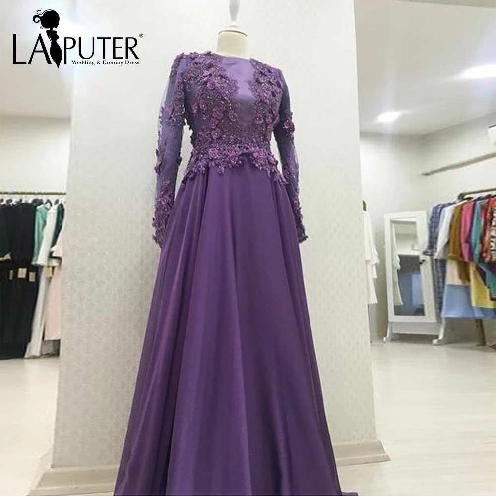 Вечернее платье с цветочной аппликацией одежда длинным рукавом фиолетовый