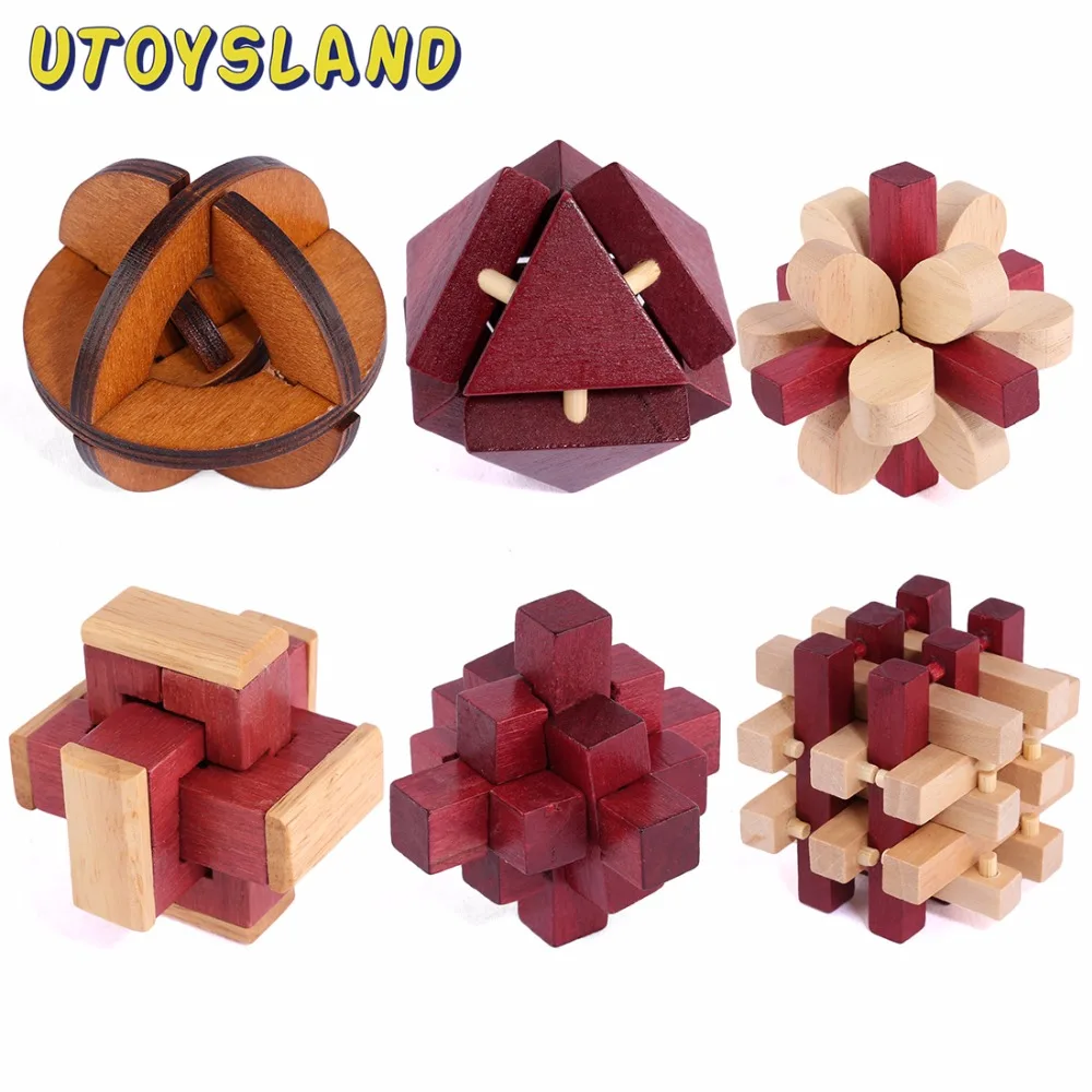 

UTOYSLAND 6pcs/set IQ Brain Teaser Kong Ming Lock Wooden Interlocking 3D Puzzles Game Intellectual Educational Toys For Adults