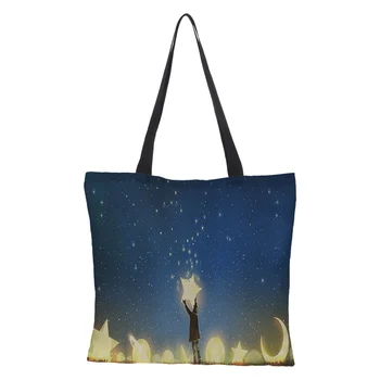 

Customized women's shoulder burlap bag double-sided printing fantasy starry sky foldable reusable large-capacity leisure