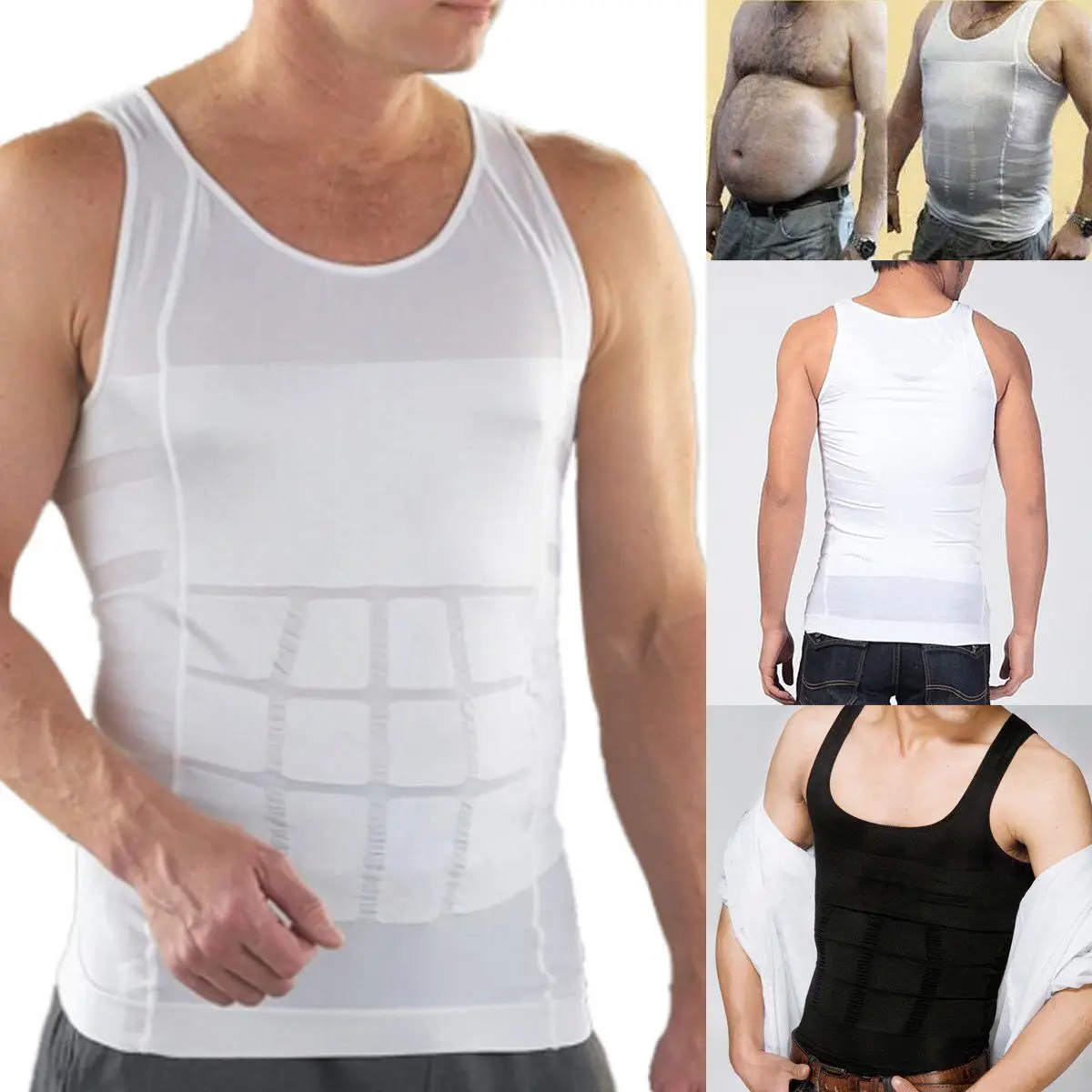 

2 Colors Men Slimming Solid Vest Body Shaper Compression Waist Tummy Control Underwear Shirt S-XXL