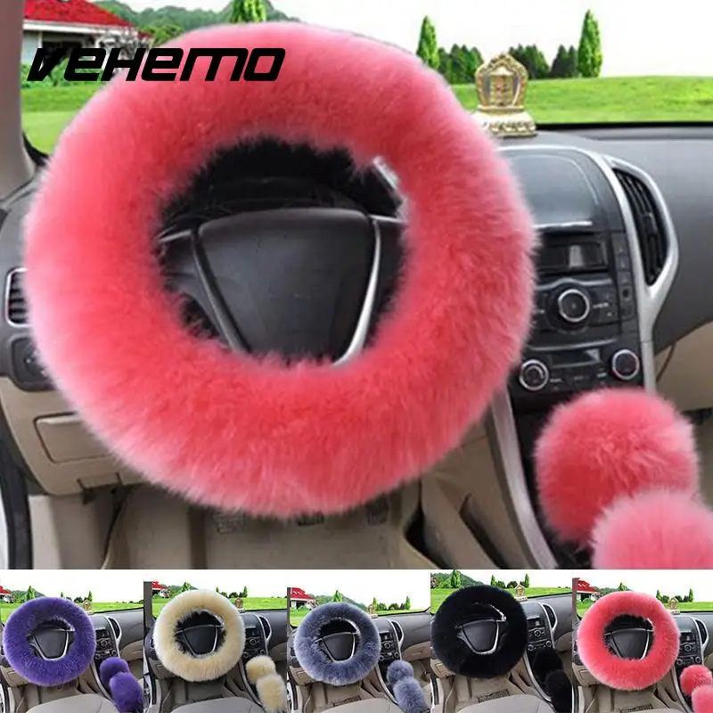 

VEHEMO New 3pcs/set Winter Fur Warm long Wool Plush Steering Wheel Cover Woolen Winter fur Leather Handle Car Accessories