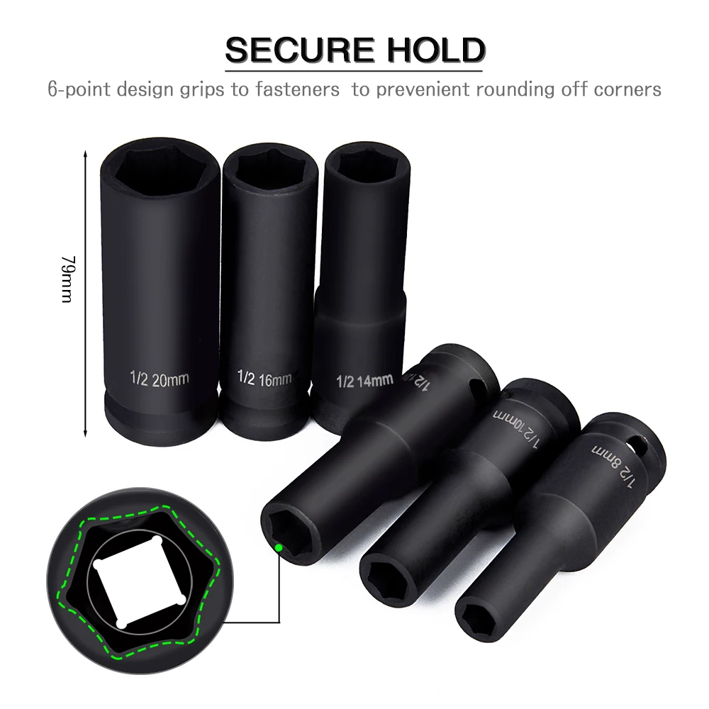 

1/2-Inch Wrench Socket Sleeve Hexagon Head 8MM - 20MM Pneumatic Sleeve Head Heavy Pneumatic Lengthening Socket Wrench
