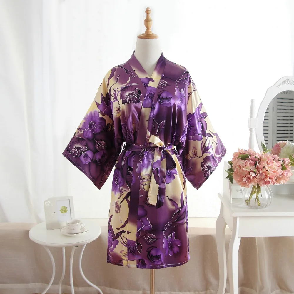 Цветочный Рисунок, средний рукав, сексуальные женские ночные халаты с глубоким v-образным вырезом, темно-синий Атлас, кимоно, платье, женские повседневные халаты, одежда для сна