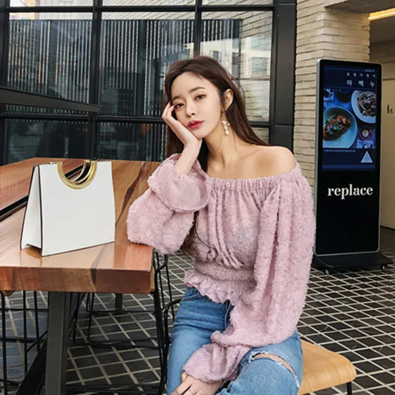 

2019 Summer Elegant Slash Neck Off-Shoulder Bottoming Shirt Women Stretch Elastic Flare Sleeve Female Tops Sweety Casual Clothes
