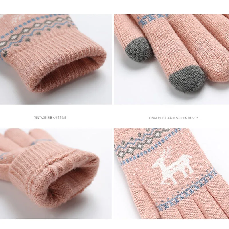 Винтажные вязаные перчатки с оленем оленя, женские утепленные варежки с сенсорным экраном, зимние теплые перчатки с изображением снежного лося, полный палец, рождественские подарки для девушек