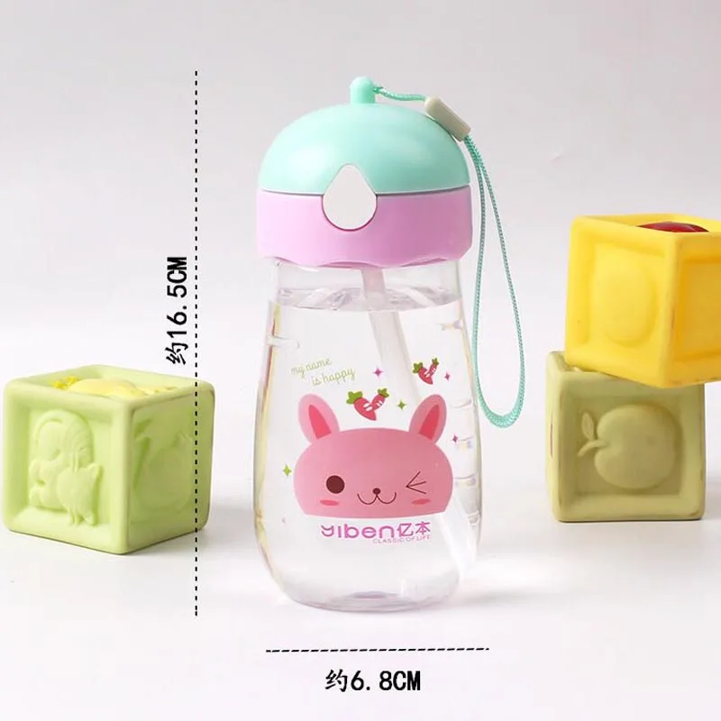 Children Water Drinking Bottle Kids Drinking Cartoon Cup Eco-Friendly Cup Plastic Straw Bottle Kindergarten Handy Cup 380ml