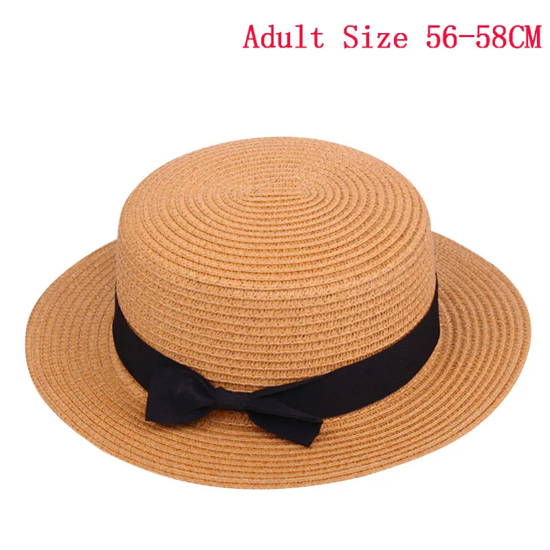 REAKIDS родитель-ребенок девочки соломенная шляпа бант Детские шляпы от солнца с большими полями Пляж Лето канотье пляж лента круглый плоский топ шляпа Федора - Цвет: Adult Khaki