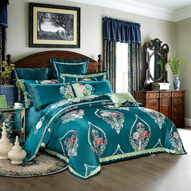 

2018 Bohemian Dark Green Bedding Set Silk Cotton Embroidery Jacquard Queen King Size Duvet Cover Sheet Bedspread Pillowcases