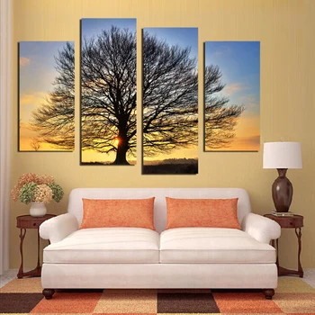 

Living Room HD Printed Pictures Home Decor 4 Piece/Pcs Tree Painting Sunset Scenery Wall Art Modular Poster Frame Modern Canvas