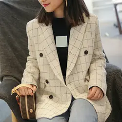 Корейский осень Для женщин клетчатый Блейзер двубортный Повседневная куртка Модные женские туфли костюм пальто Femme зимняя верхняя одежда