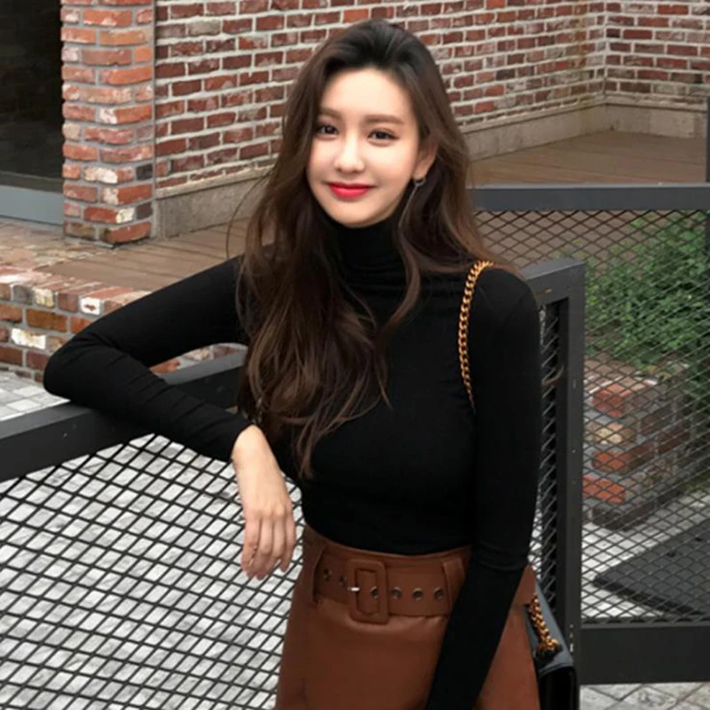 

Fashion Solid Colors Women T-shirts Long Sleeve Slim Turtle Neck Shirts Women Tops Women Autumn Basic Tee