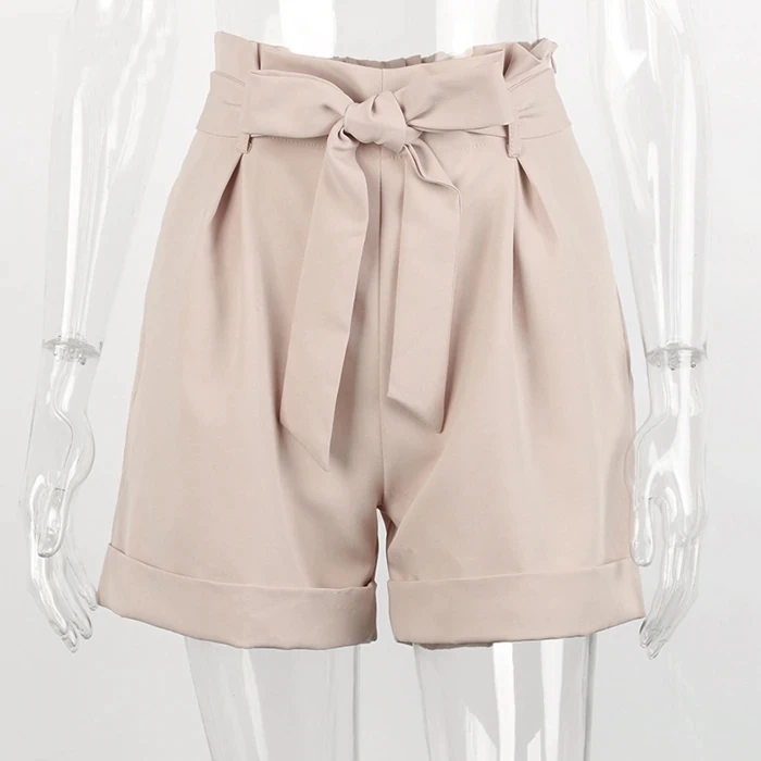 Elegant High Waist Sashes Shorts Women Summer Apricot Harajuku Pockets Summer Shorts Vintage Ladies Mini Shorts Femme