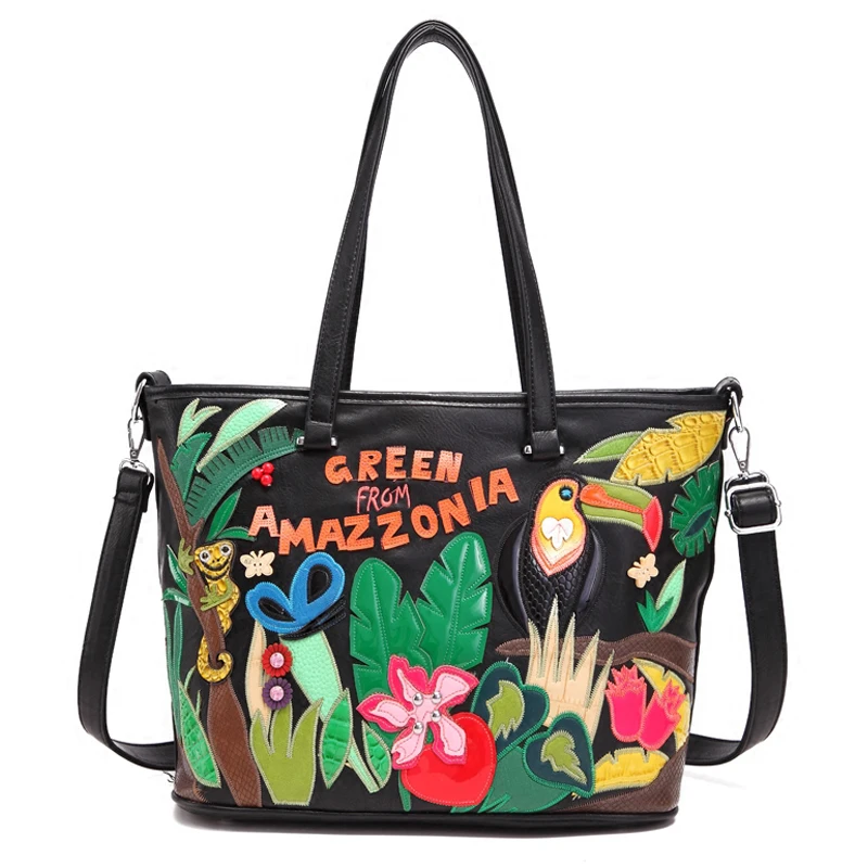 

Women Leather Patchwork Embroidery Shoulder Bags Female Messenger Bag Handbag Tote Braccialini Brand Style Cartoon Green Amazona