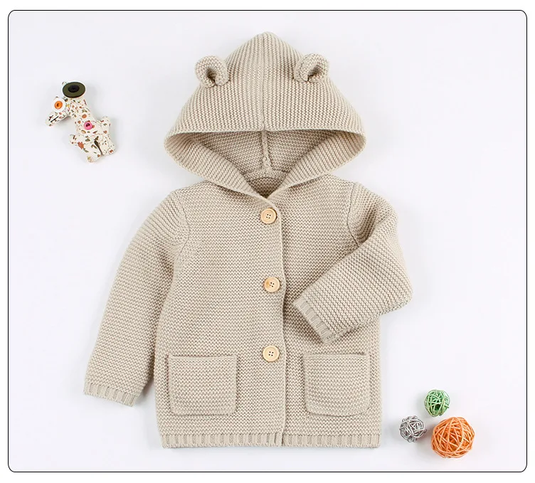 Зимний теплый свитер для новорожденных, меховой капюшон, съемный серый вязаный кардиган для маленьких мальчиков и девочек, осенняя верхняя одежда, детская вязаная одежда