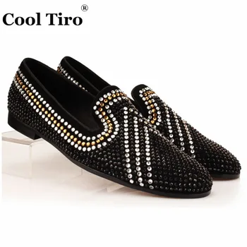 

COOL TIRO Black Suede Loafers Rhinestones Slippers Men Dress Shoes Smoking Slip-on Shoes Wedding Party Flats Genuine Leather