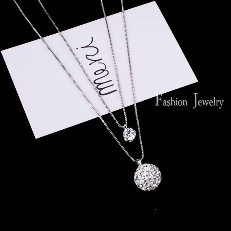 Простой дизайн цилиндрический кристалл кулон ожерелье серебро двойные цепи AAA циркон многослойное Ожерелье Длинная женская цепочка для свитера - Окраска металла: crystal ball