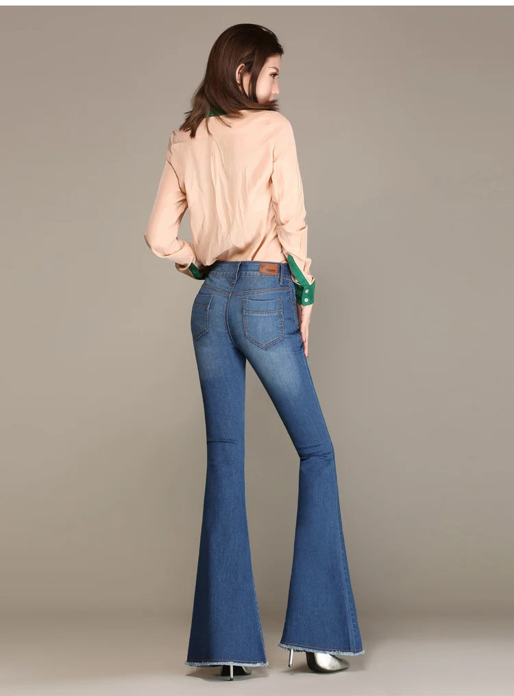 Осенняя женская Средняя талия большие трубы джинсы Тонкие Брюки расклешенные брюки