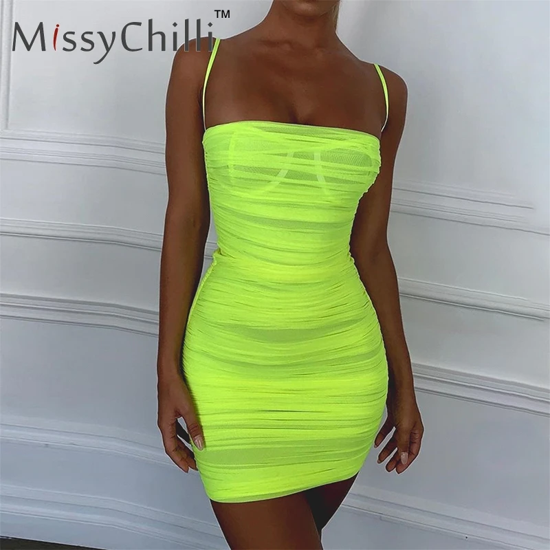 

MissyChilli Sexy green bodycon tube mini dress for Women summer mesh elegant dress Female sleeveless pleated party club dresses