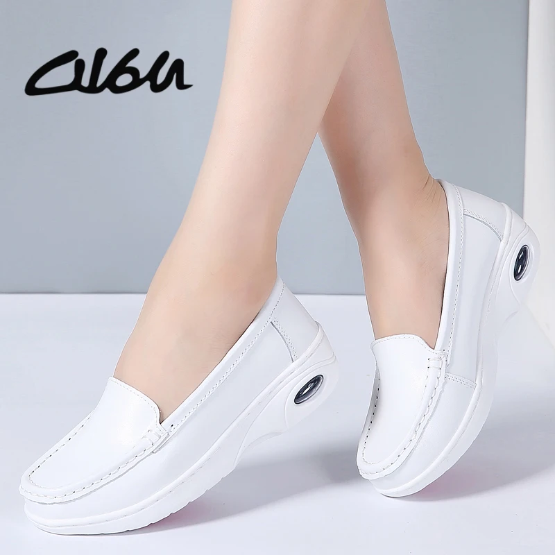 Zapatos planos O16U de piel auténtica para enfermera, mocasines de punta  redonda para mujer, mocasines blancos y planos para mujer, zapatillas para  otoño|Zapatos planos de mujer| - AliExpress