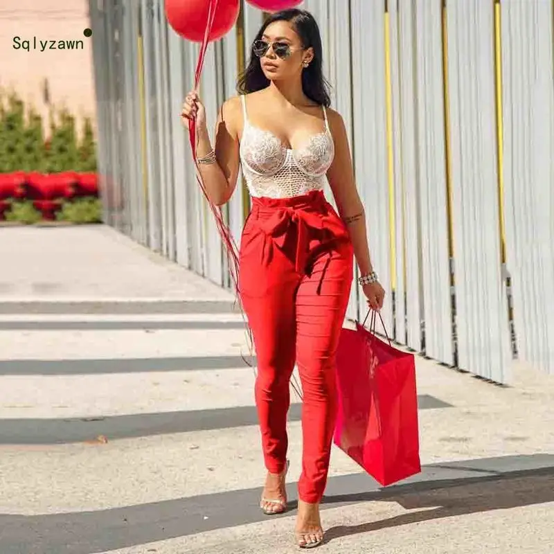 

Women Elegant High Waist Pencil Pants Streetwear Solid Blue Black Red Lace Up Belt Jogger Long Trouser with Pocket Plus Size 2XL